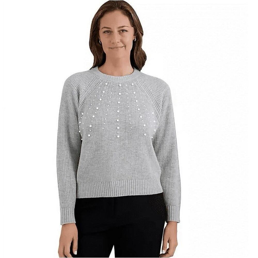 French Connection Women's Embellished Pearl Crewneck Pullover Sweater Gray XXL